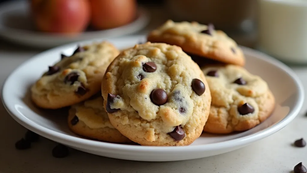 Plate of baked chocolate chip cookies
