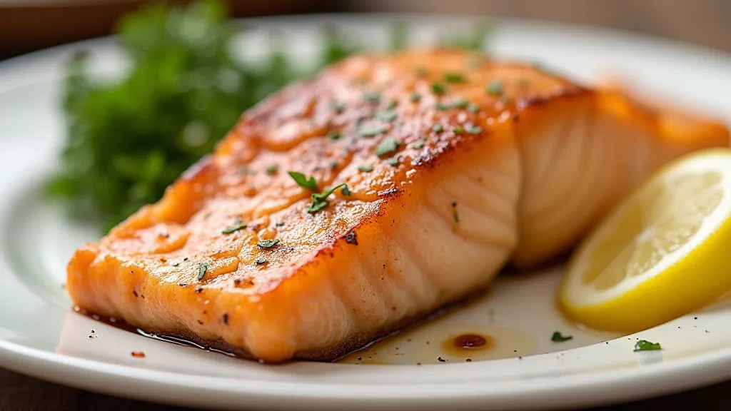 Baked salmon fillet plated with dill and lemon
