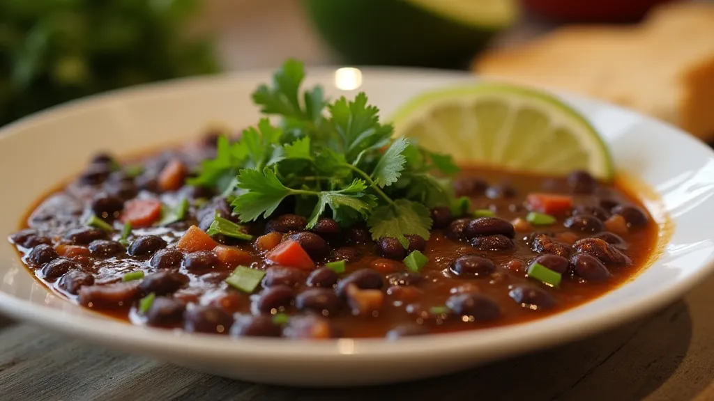 Bowl of finished black bean soup.