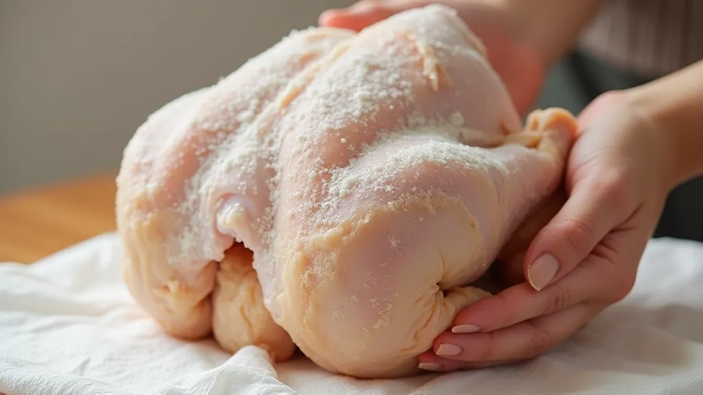 Chicken being dried with paper towels