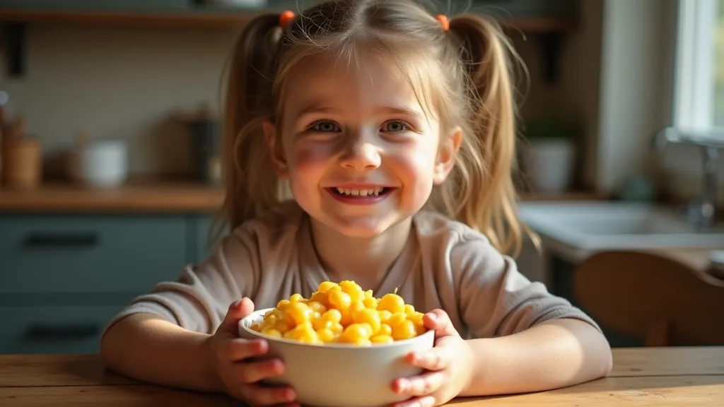 Child with bowl of macaroni and cheese