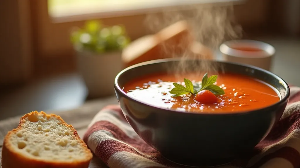 Cozy scene of tomato soup and bread