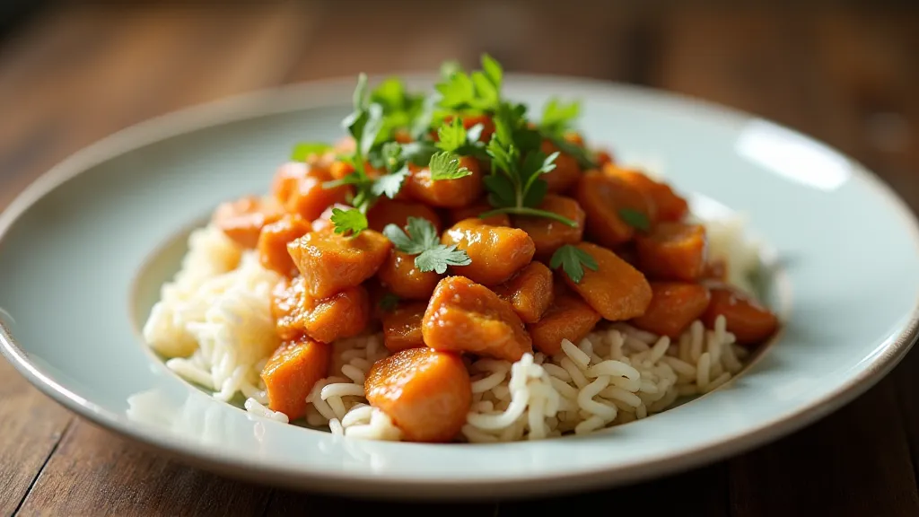 Finished stir-fry on a plate with rice