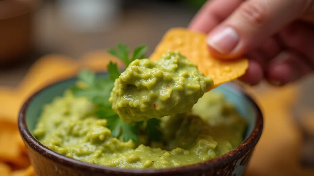 Guacamole being scooped with a chip