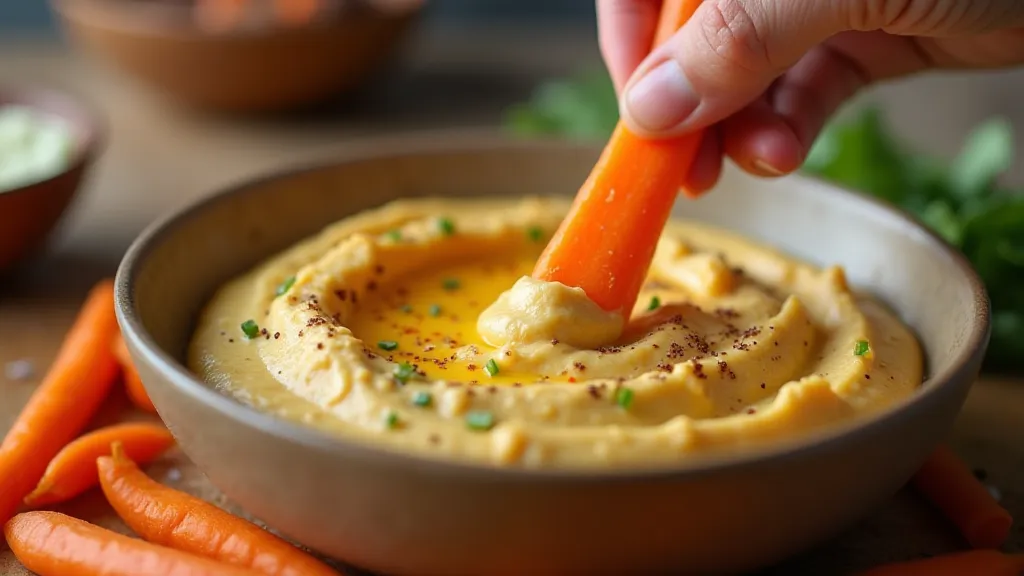 Vegetable stick dipped in hummus