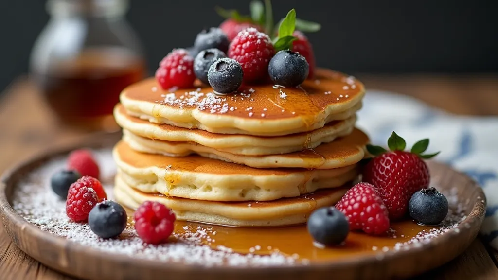 Pancakes with berries and maple syrup