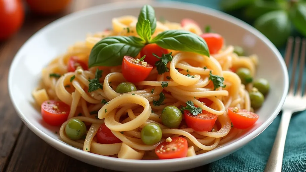 Bowl of finished One-Pot Pasta Primavera