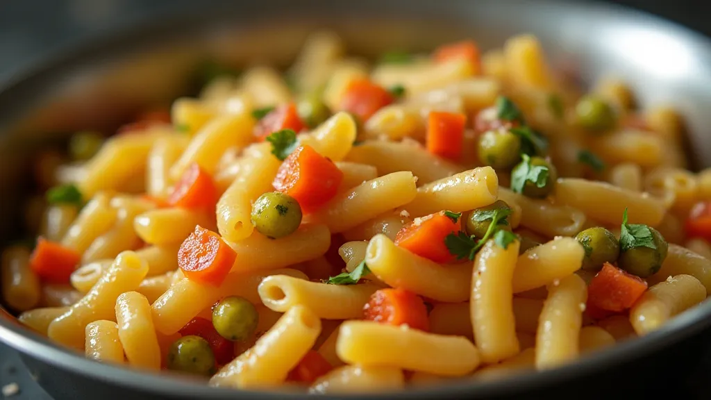 Close-up of the cooked pasta and vegetables
