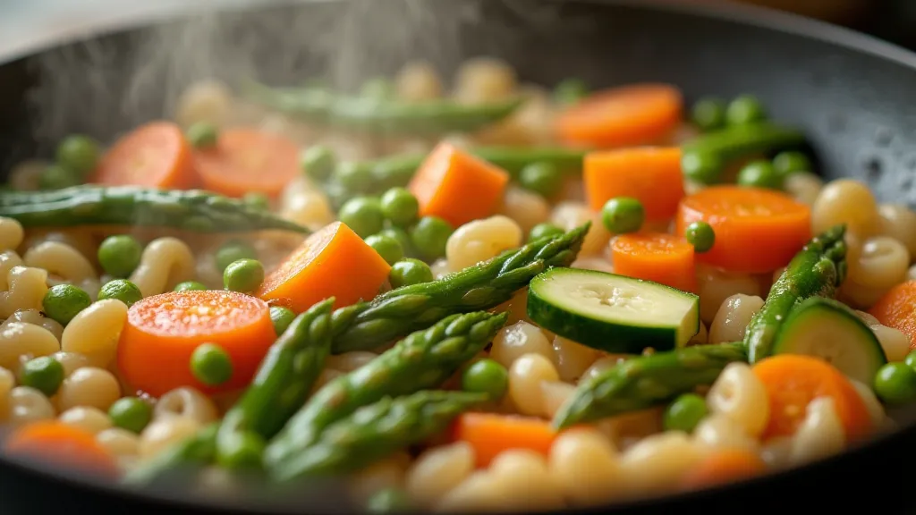 Pasta Primavera simmering in a pot with vegetables