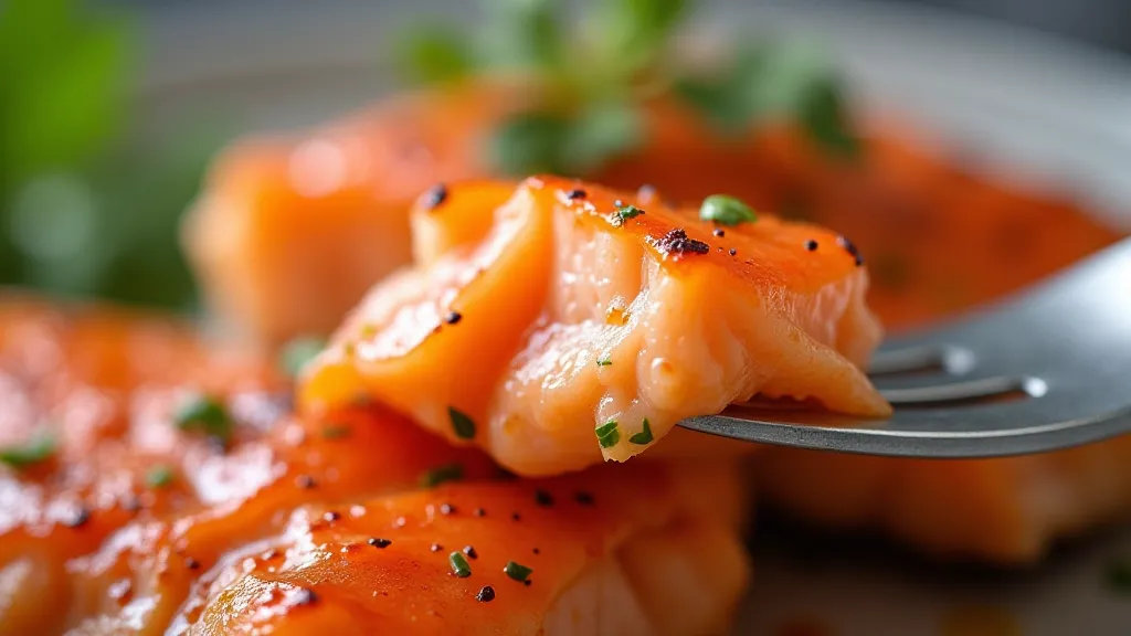 Fork flaking baked salmon, showing moist texture