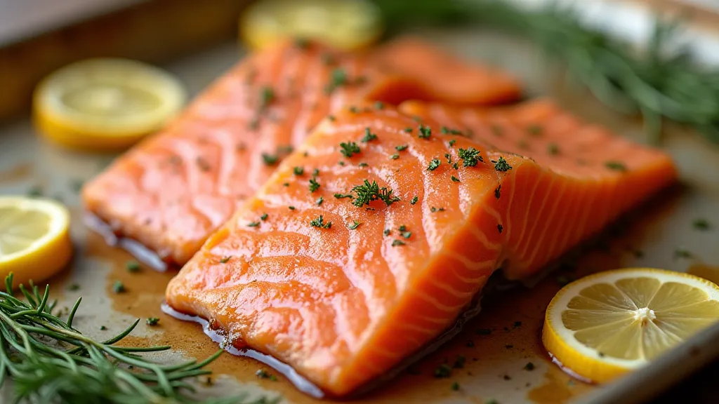 Salmon fillet prepared for baking with lemon and dill