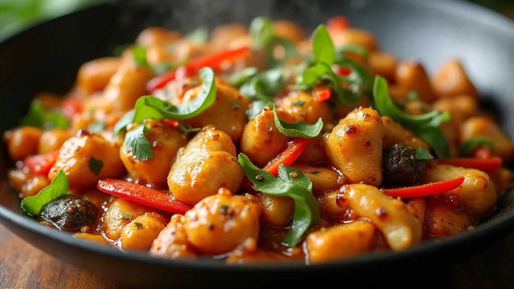 Chicken and vegetables cooking in a wok