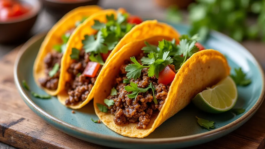 Beef tacos with salsa and lime