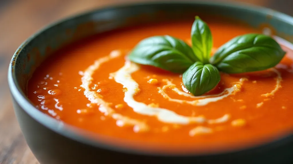 Bowl of creamy tomato soup with basil and cream